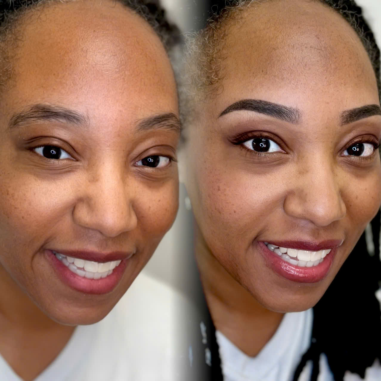 Soft-shaded brows with a makeup look.