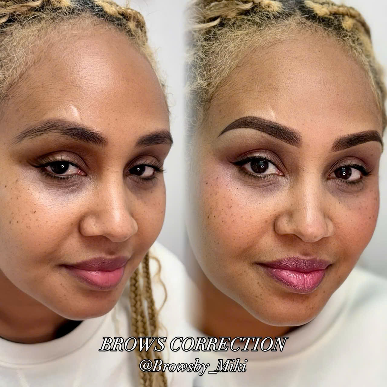 Soft-shaded brows with a makeup look.